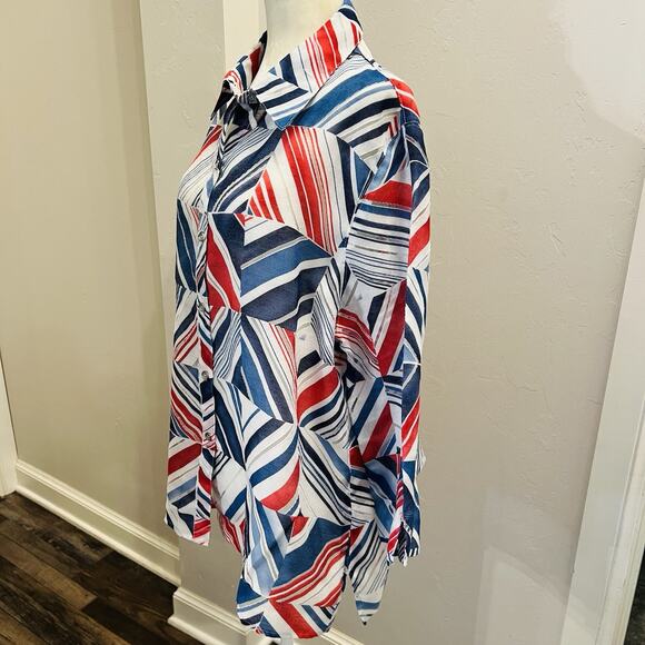 Alfred Dunner Women’s 18 Button Blouse Shirt Red White Blue Geometric (A0125) - Picture 2 of 7